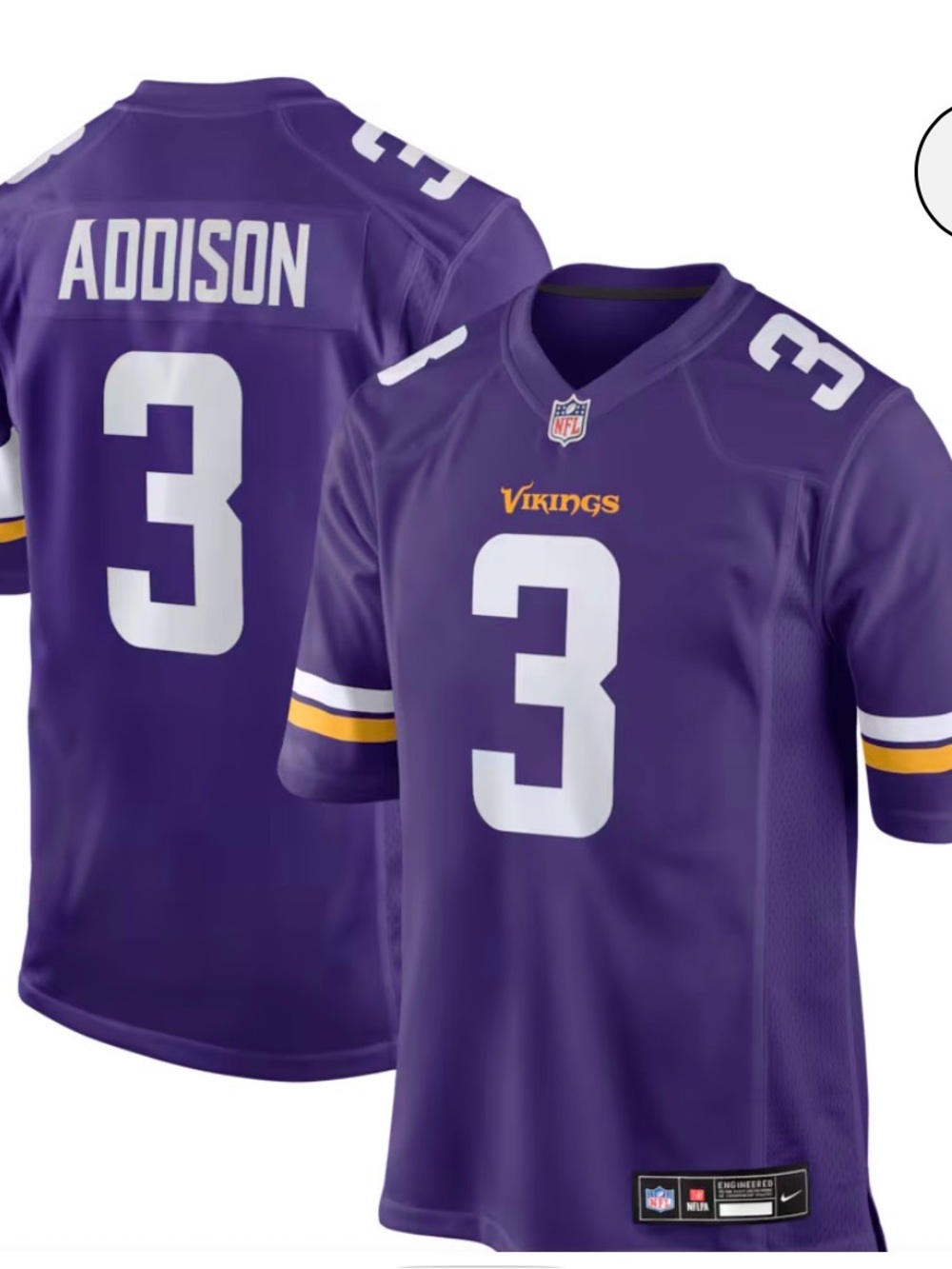 Men's Nike Jordan Addison Purple Minnesota Vikings Game Jersey Large